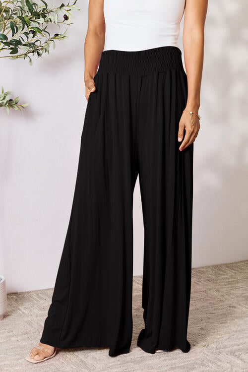 Double Take Full Size Smocked Wide Waistband Wide Leg Pants *