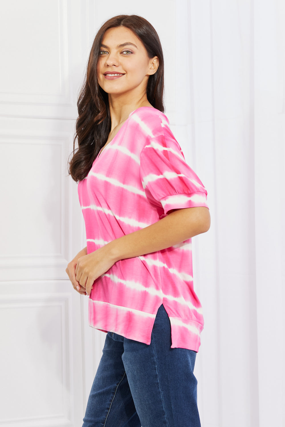 Yelete Full Size Oversized Fit V-Neck Striped Top *