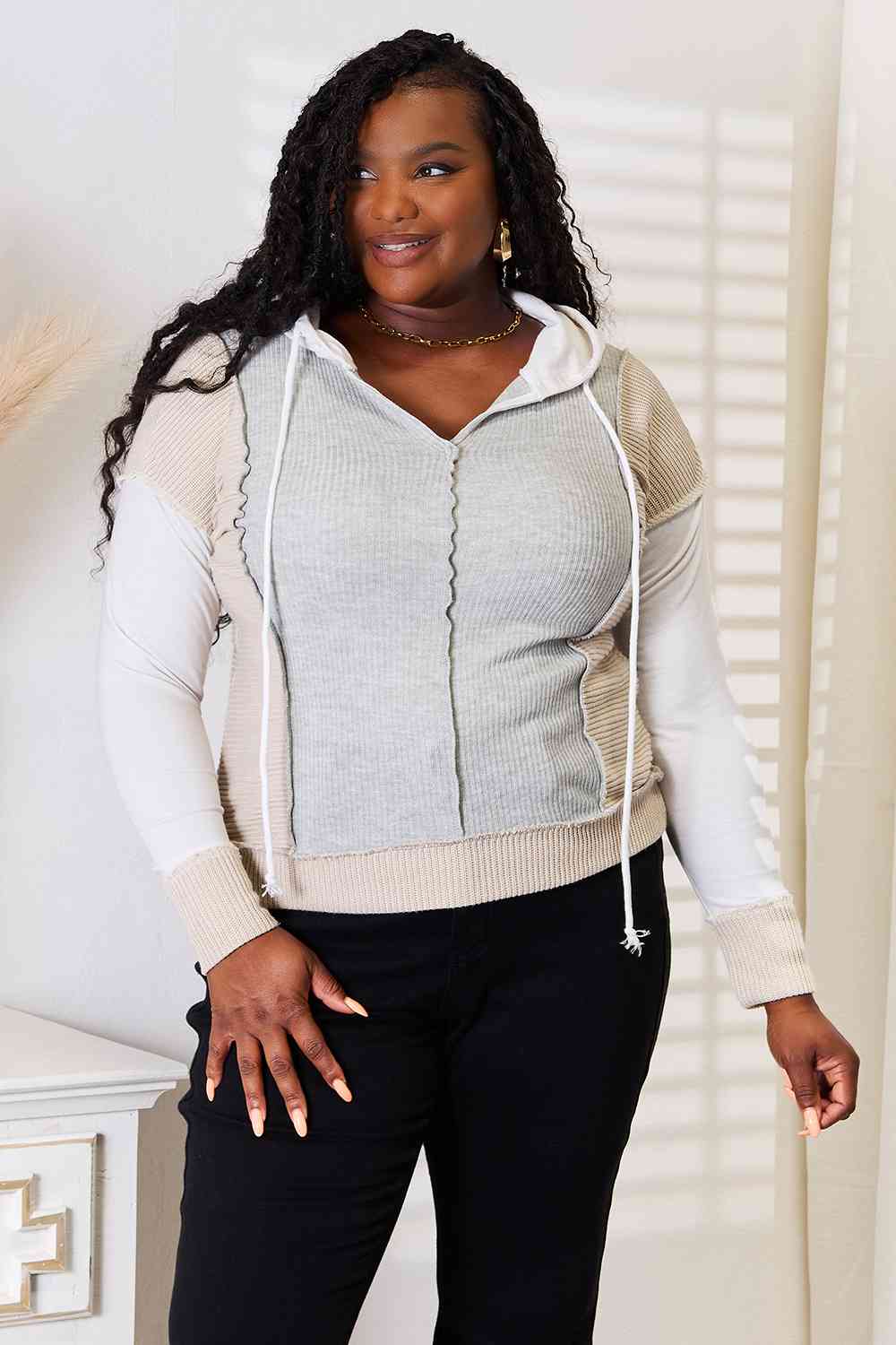 Double Take Color Block Exposed Seam Drawstring Hoodie *