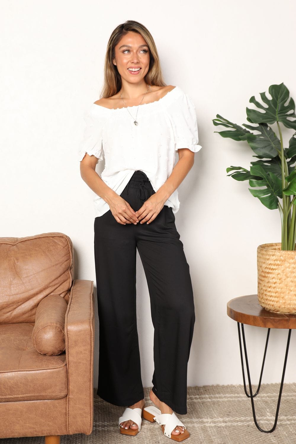 Double Take Full Size White Swiss Dot Puff Sleeve Square Neck Blouse *