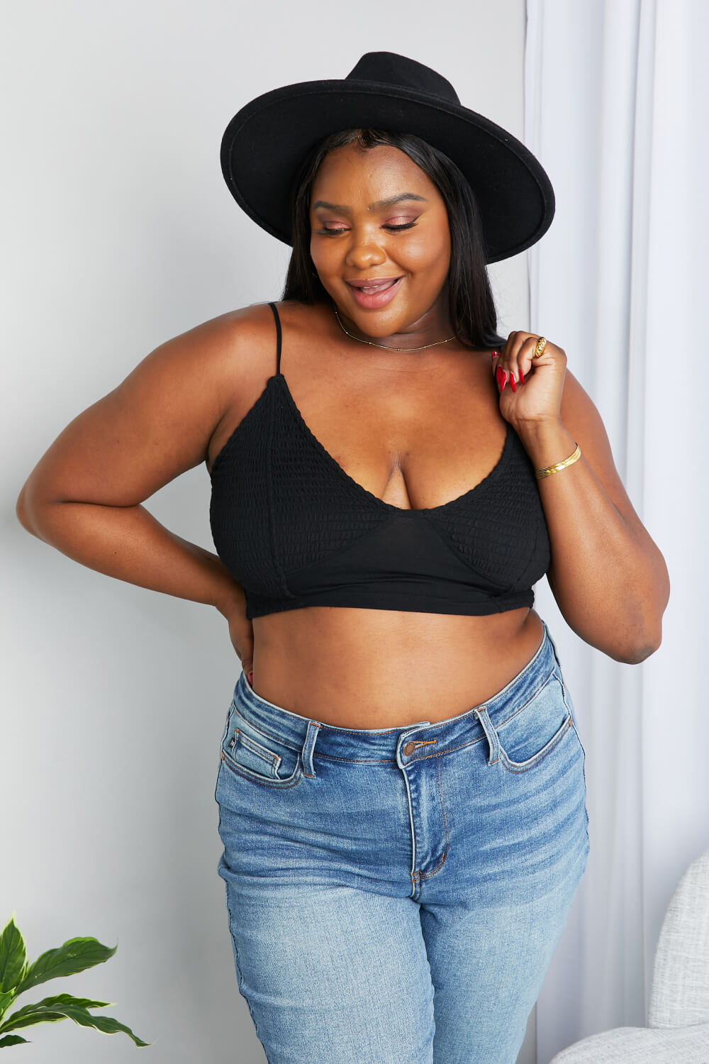 Zenana Full Size Textured Spaghetti Strap Bralette in Black *