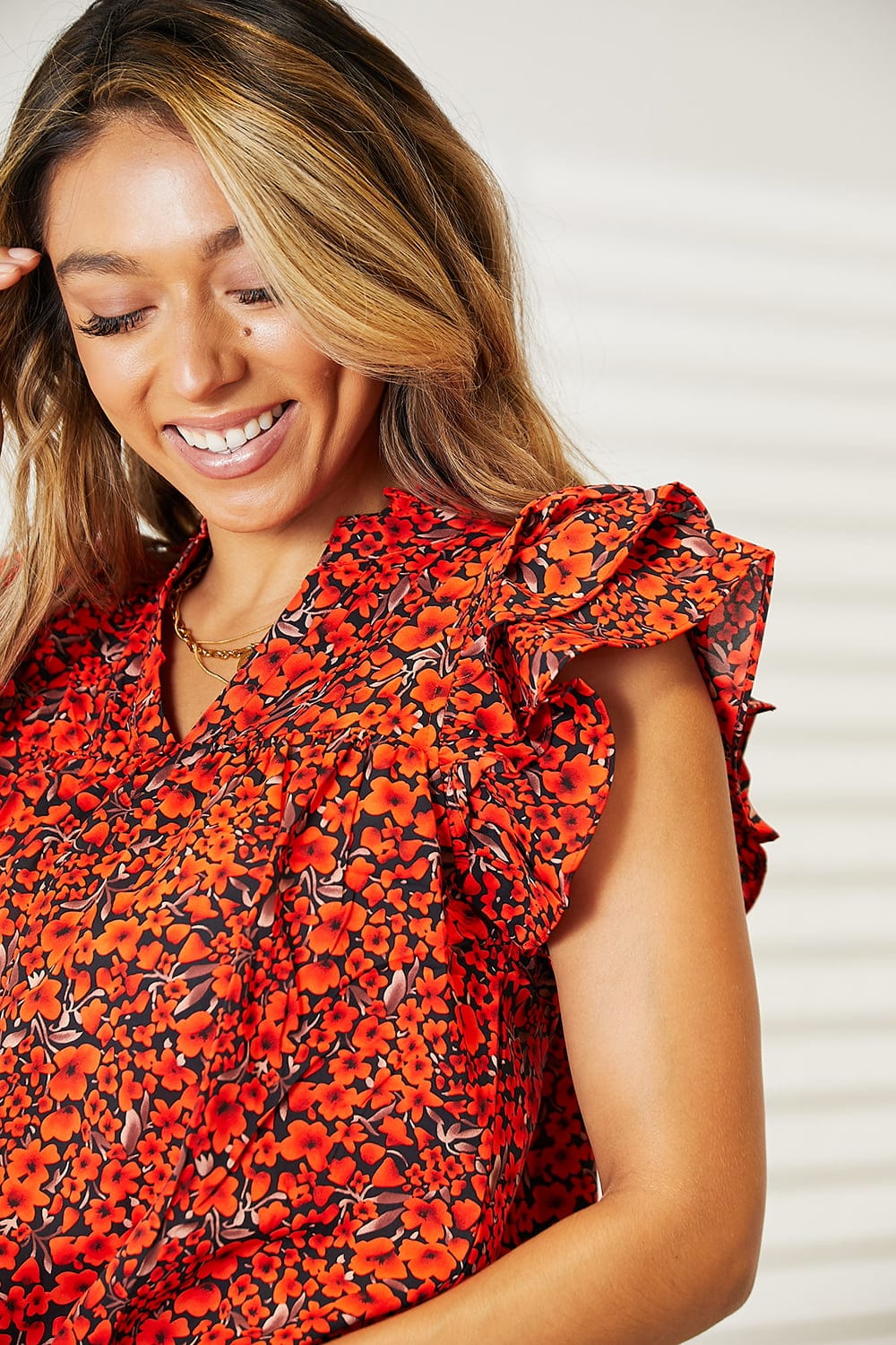 Double Take Red Orange Floral Flutter Sleeve Notched Neck Blouse *