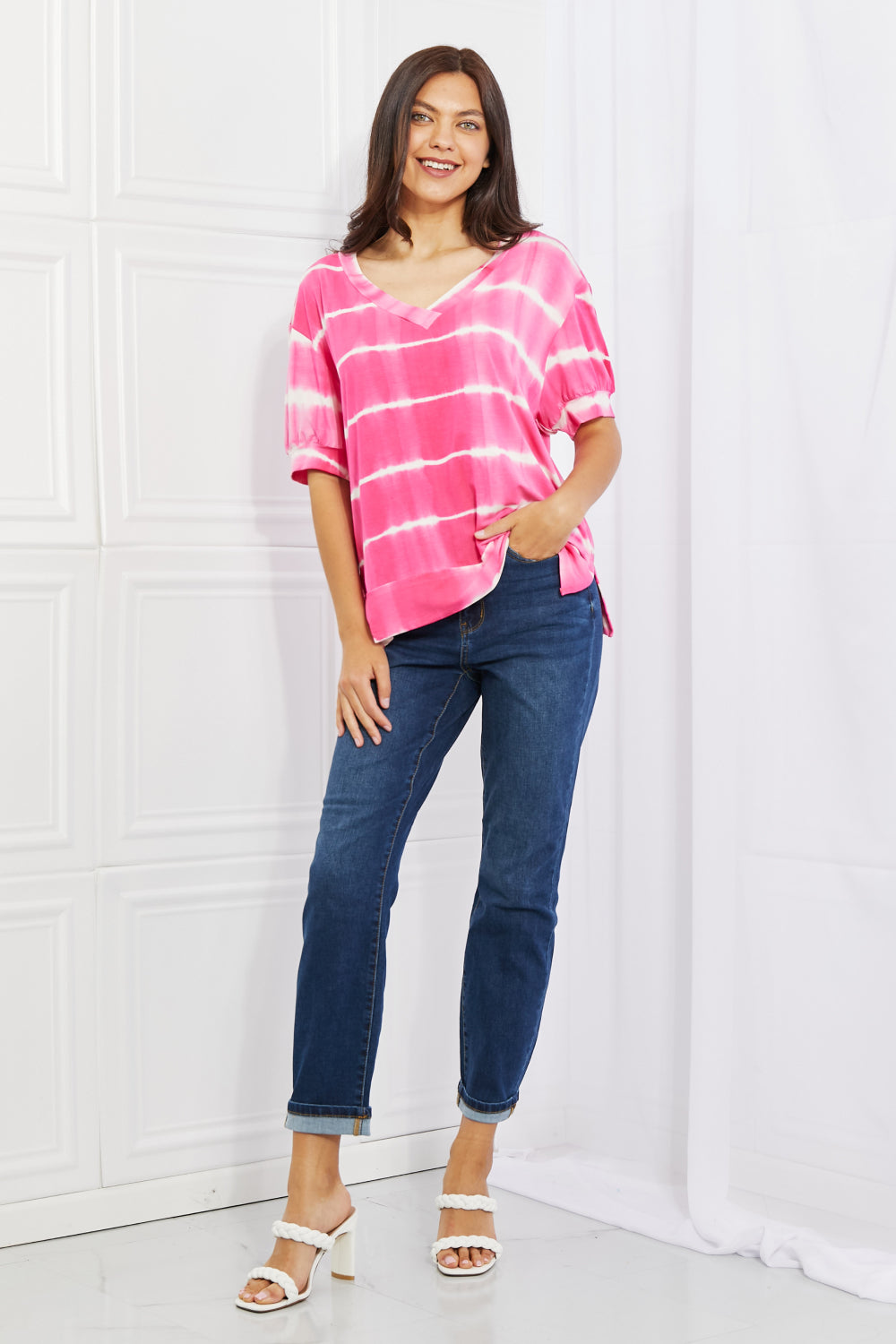 Yelete Full Size Oversized Fit V-Neck Striped Top *