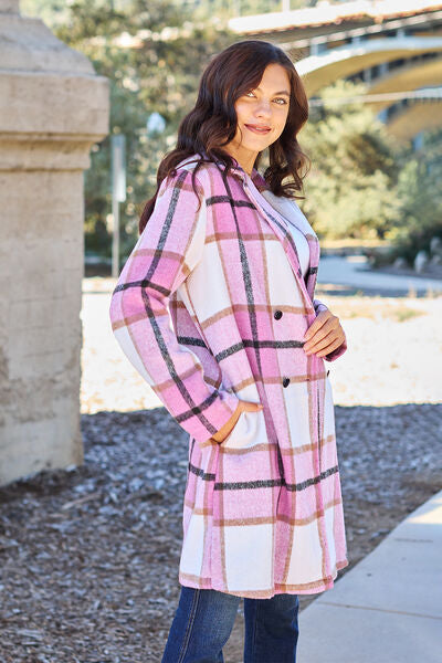 Double Take Full Size Plaid Button Up Lapel Collar Coat *