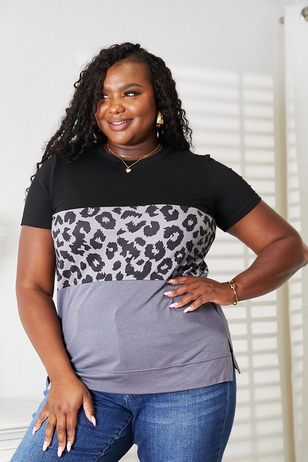 Double Take Black Full Size Leopard Print Color Block Short Sleeve T-Shirt *