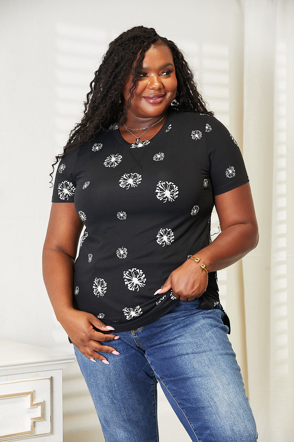 Double Take Black Full Size Dandelion Print Round Neck T-Shirt *