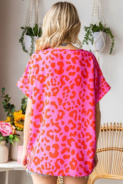 First Love Leopard V-Neck Short Sleeve Woven Top *