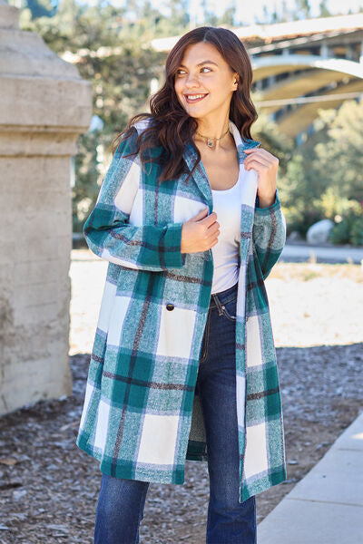 Double Take Full Size Plaid Button Up Lapel Collar Coat *