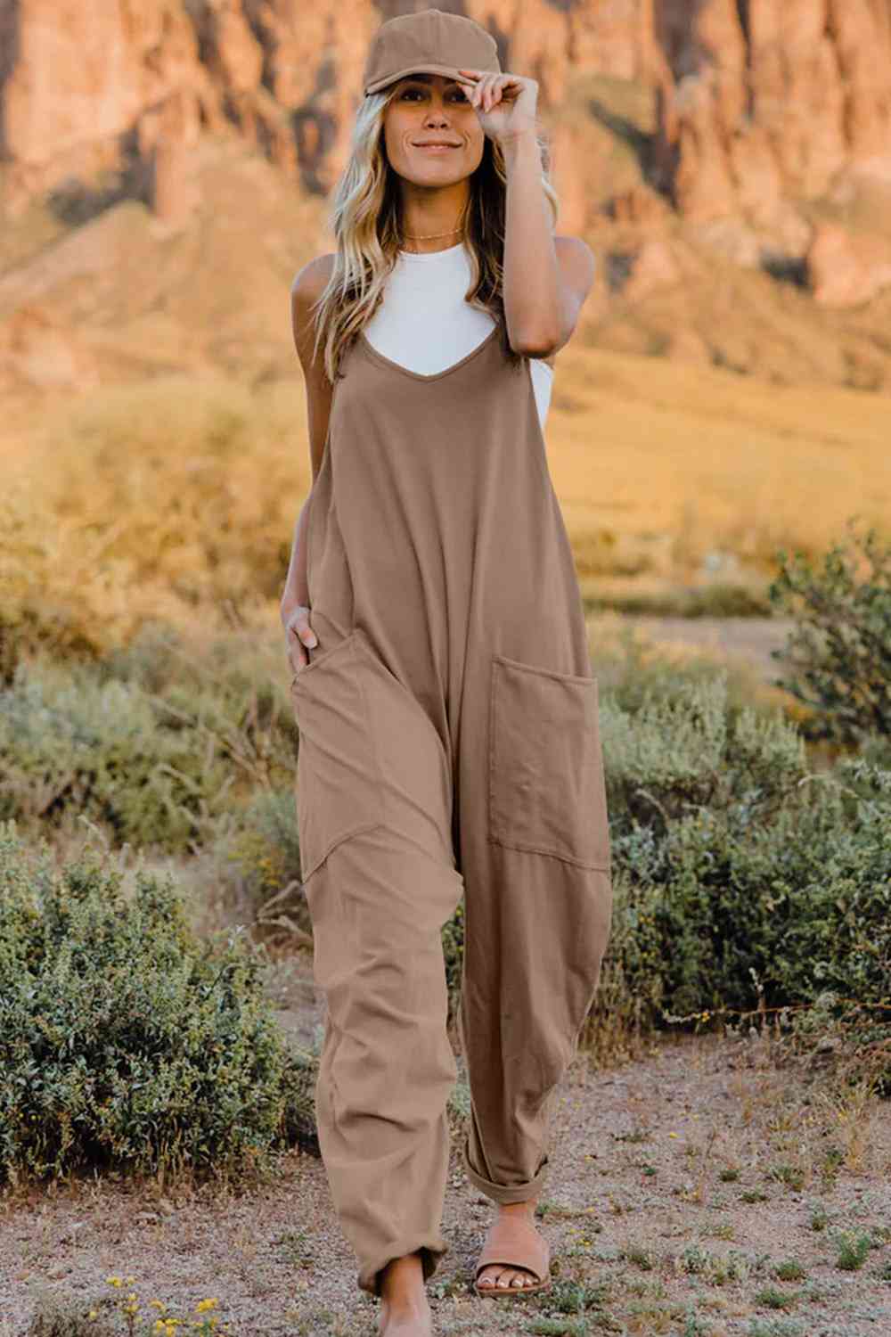 Double Take Full Size V-Neck Sleeveless Jumpsuit with Pockets *