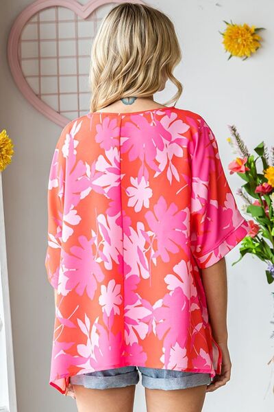 First Love Slit Printed Round Neck Half Sleeve Blouse *