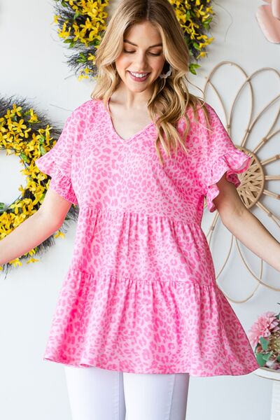 Heimish Full Size Leopard Ruffle Trim Short Sleeve Top *