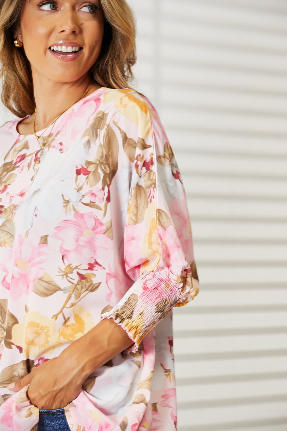 Double Take Blush Pink Floral Round Neck Three-Quarter Sleeve Top *