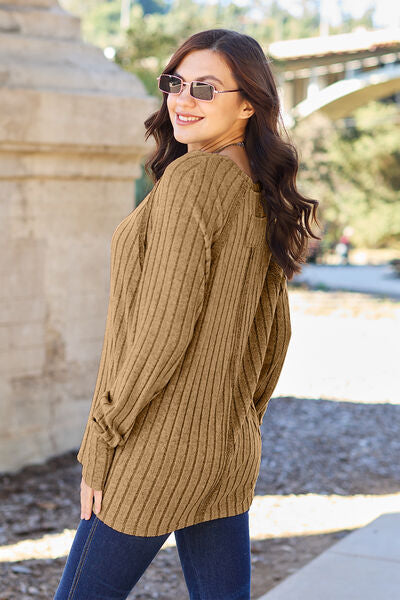 Basic Bae Full Size Ribbed Round Neck Long Sleeve Knit Top *