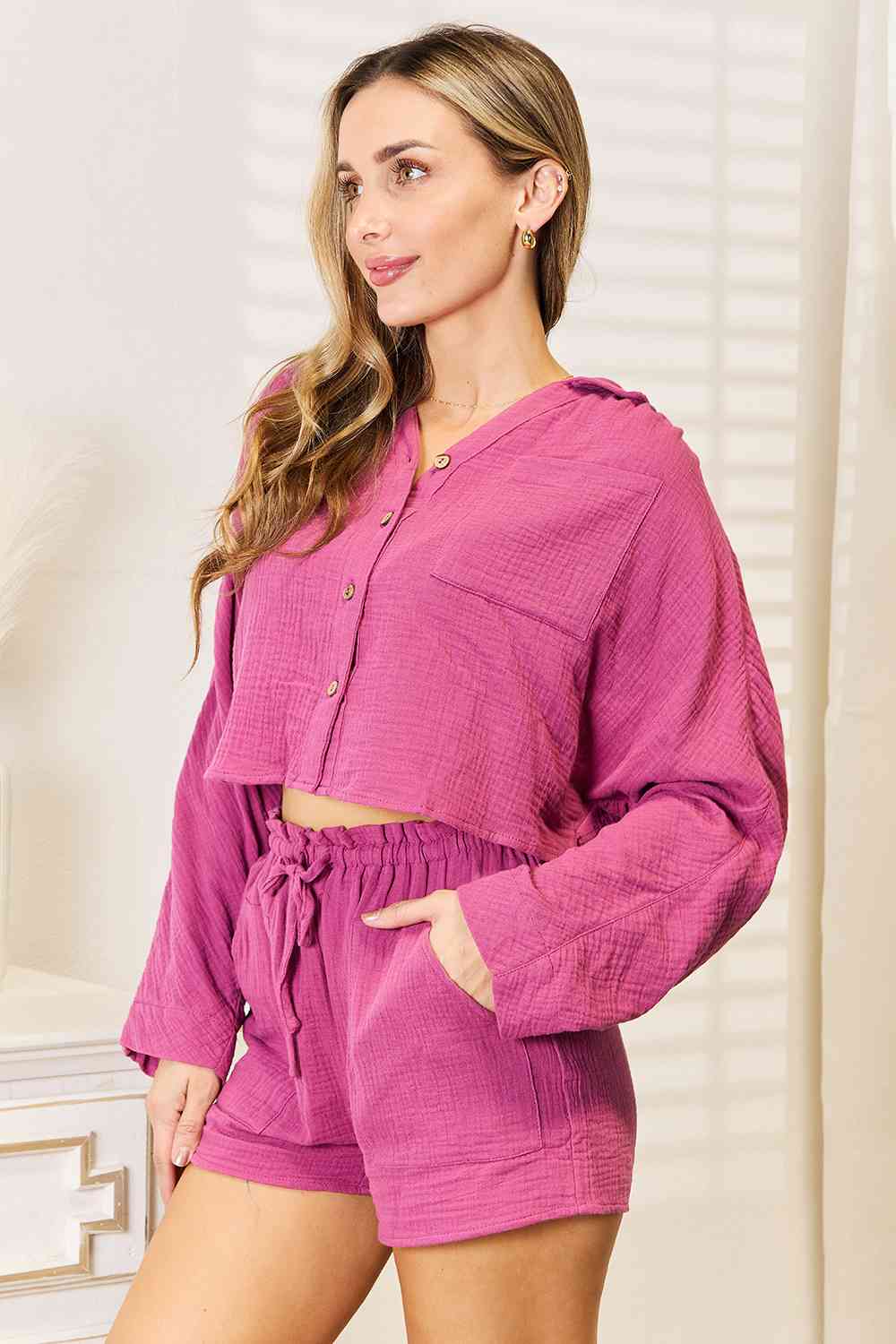 Basic Bae Buttoned Long Sleeve Top and Shorts Set *