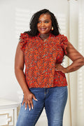 Double Take Red Orange Floral Flutter Sleeve Notched Neck Blouse *