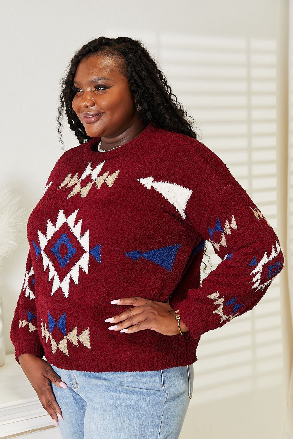 HEYSON Wine Full Size Aztec Soft Fuzzy Sweater *