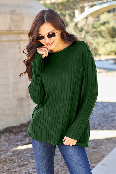 Basic Bae Full Size Ribbed Round Neck Long Sleeve Knit Top *