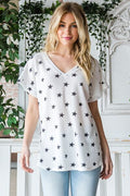 Heimish Full Size Star Print Short Sleeve V-Neck Waffle Knit T-Shirt *