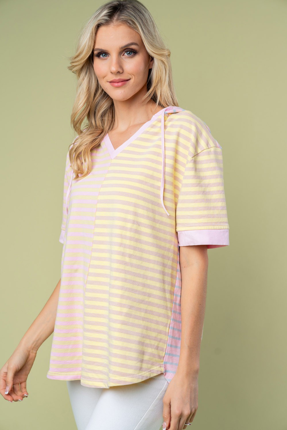 White Birch Full Size Striped Short Sleeve Drawstring Hooded Top *