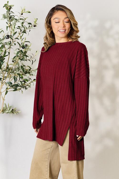 Basic Bae Full Size Ribbed Round Neck Long Sleeve Slit Top *