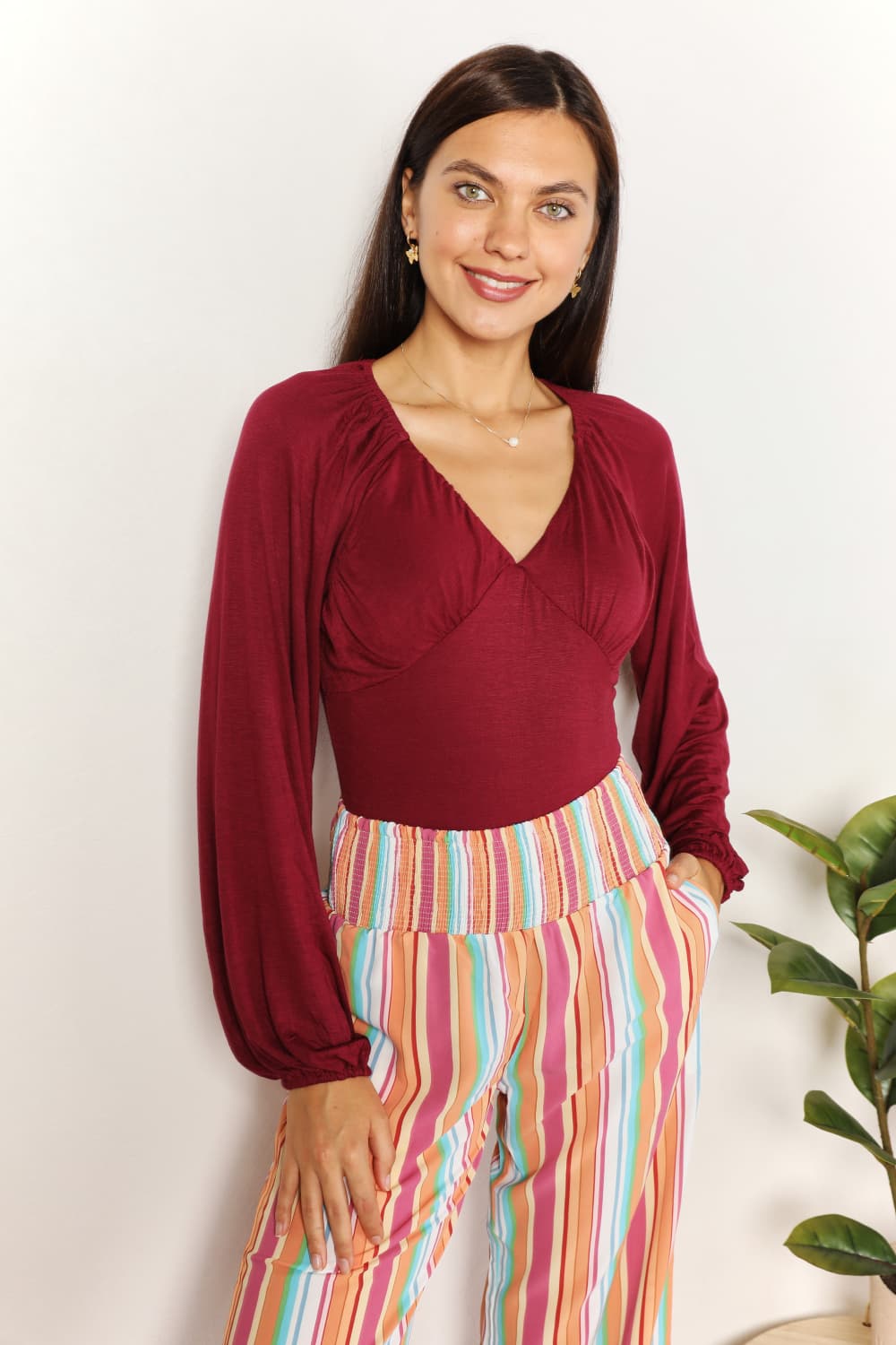 Culture Code Wine Full Size V-Neck Bodysuit *