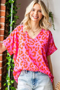 First Love Leopard V-Neck Short Sleeve Woven Top *