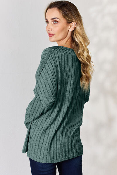 Basic Bae Full Size Ribbed Half Button Long Sleeve T-Shirt *