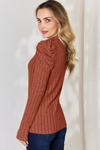 Basic Bae Full Size Ribbed Mock Neck Puff Sleeve T-Shirt *