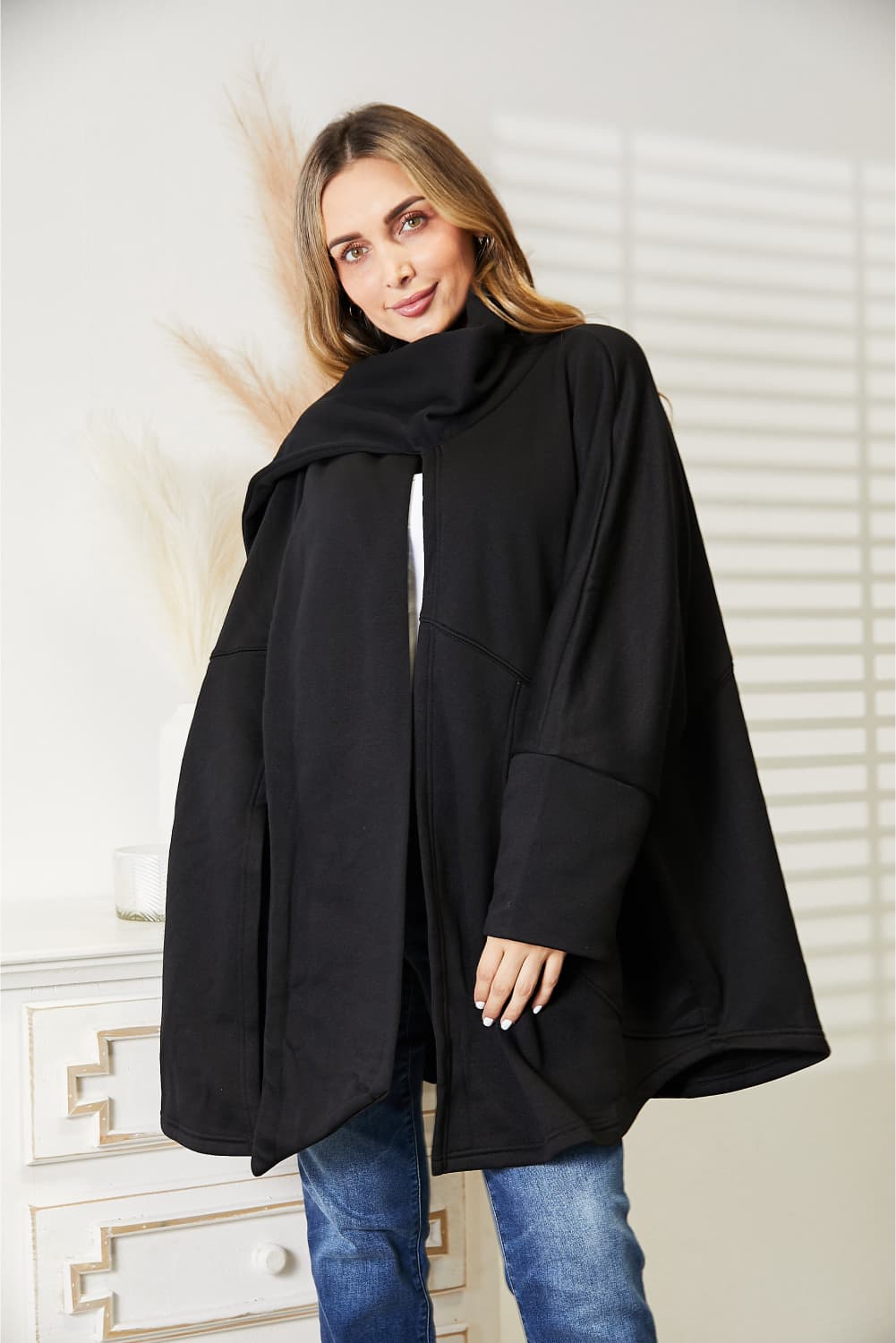 HEYSON Full Size Open Front Black Cardigan with Scarf Design *