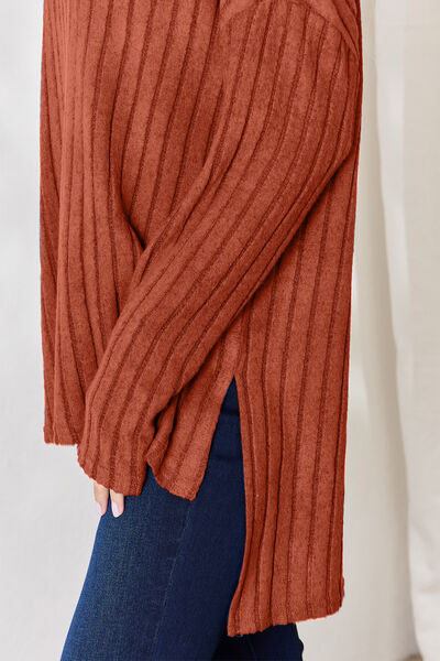 Basic Bae Full Size Ribbed Half Button Long Sleeve High-Low T-Shirt *