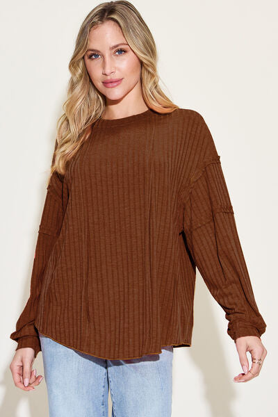 Basic Bae Full Size Ribbed Round Neck Long Sleeve T-Shirt *