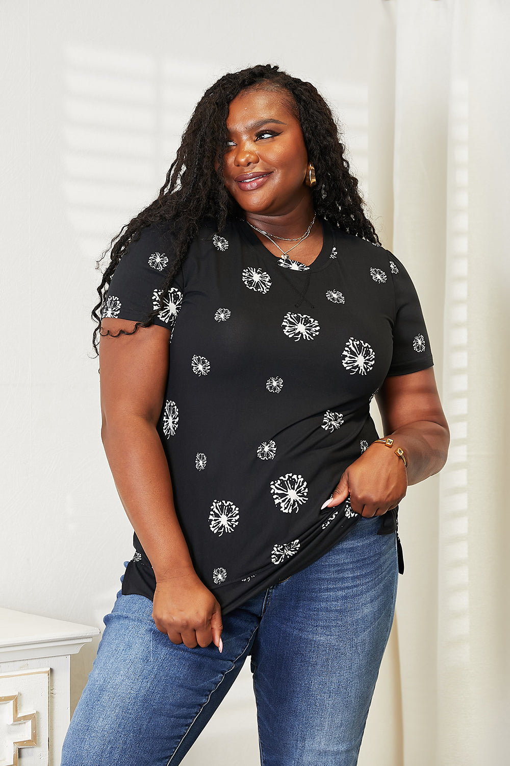 Double Take Black Full Size Dandelion Print Round Neck T-Shirt *