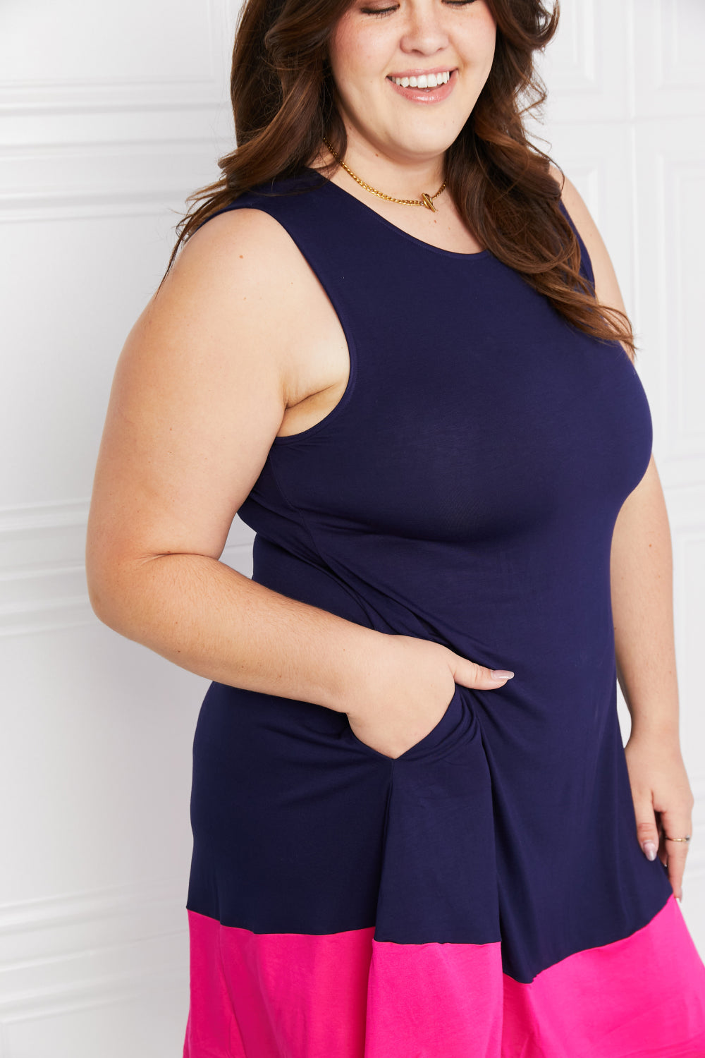 Yelete Full Size Two-Tone Sleeveless Mini Dress with Pockets *