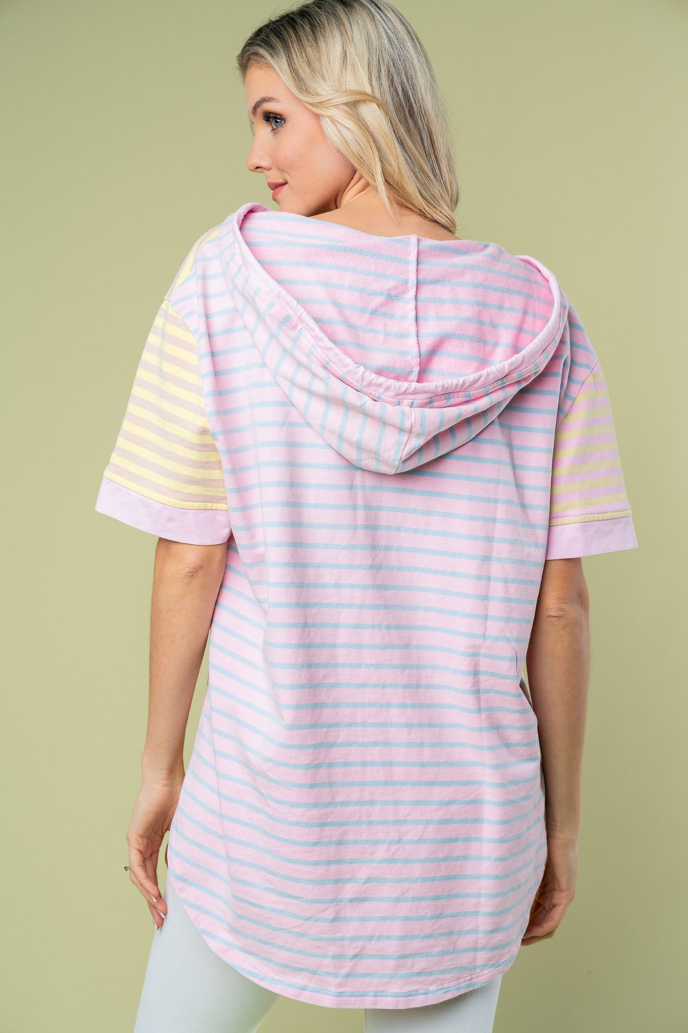 White Birch Full Size Striped Short Sleeve Drawstring Hooded Top *