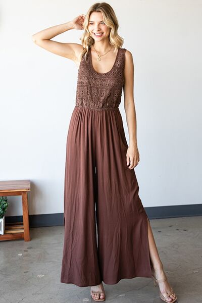 First Love Tie Back Sleeveless Slit Wide Leg Jumpsuit *