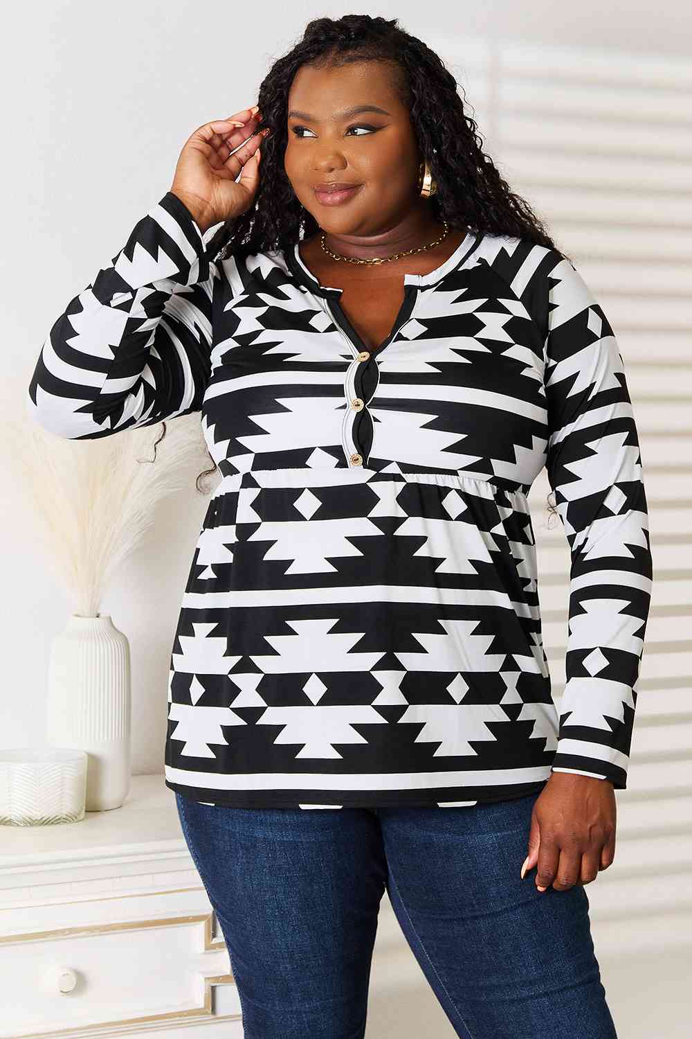 Heimish Full Size Geometric Notched Neck Long Sleeve Top *