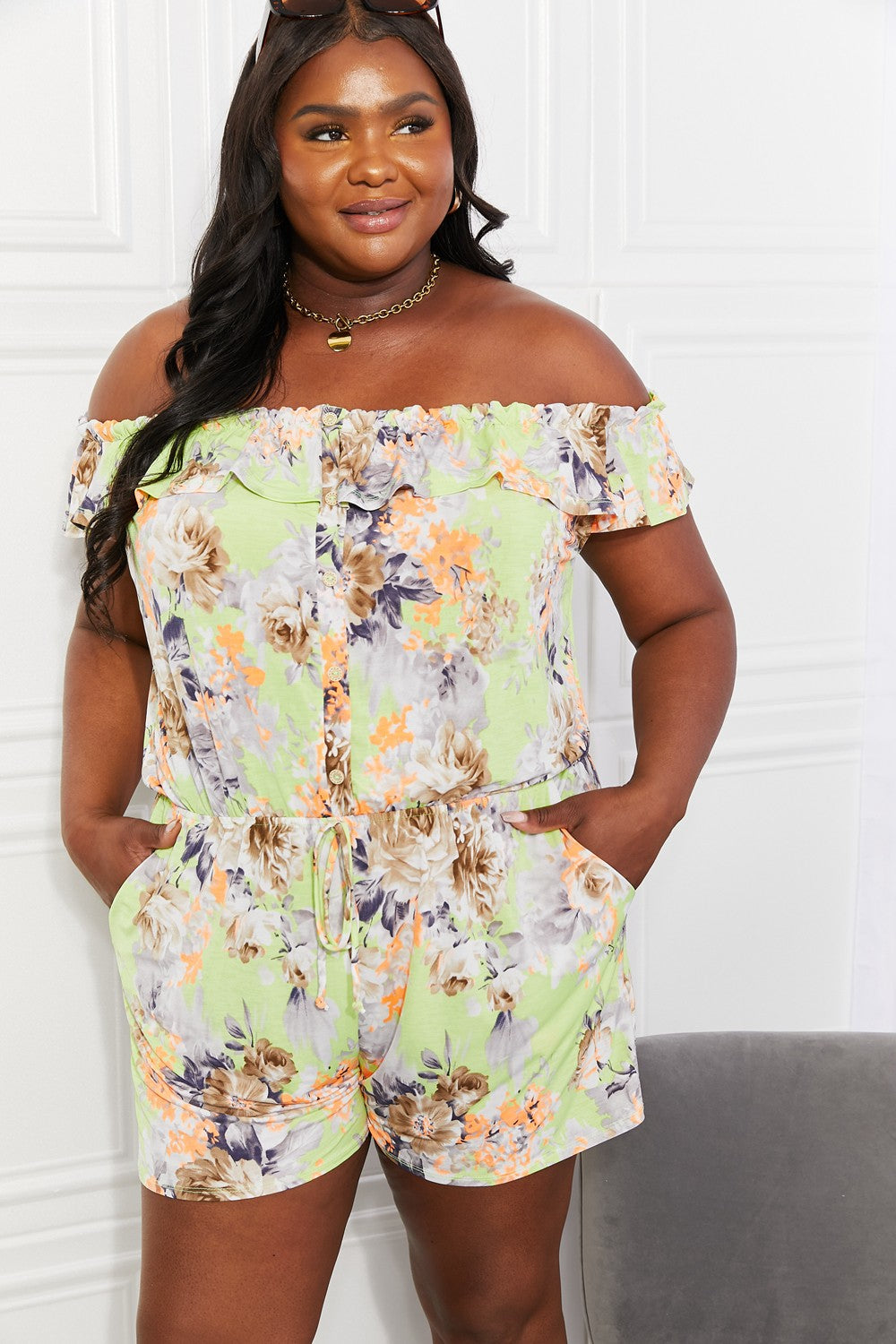 Sew In Love Full Size Pure Delight Floral Off-Shoulder Romper *