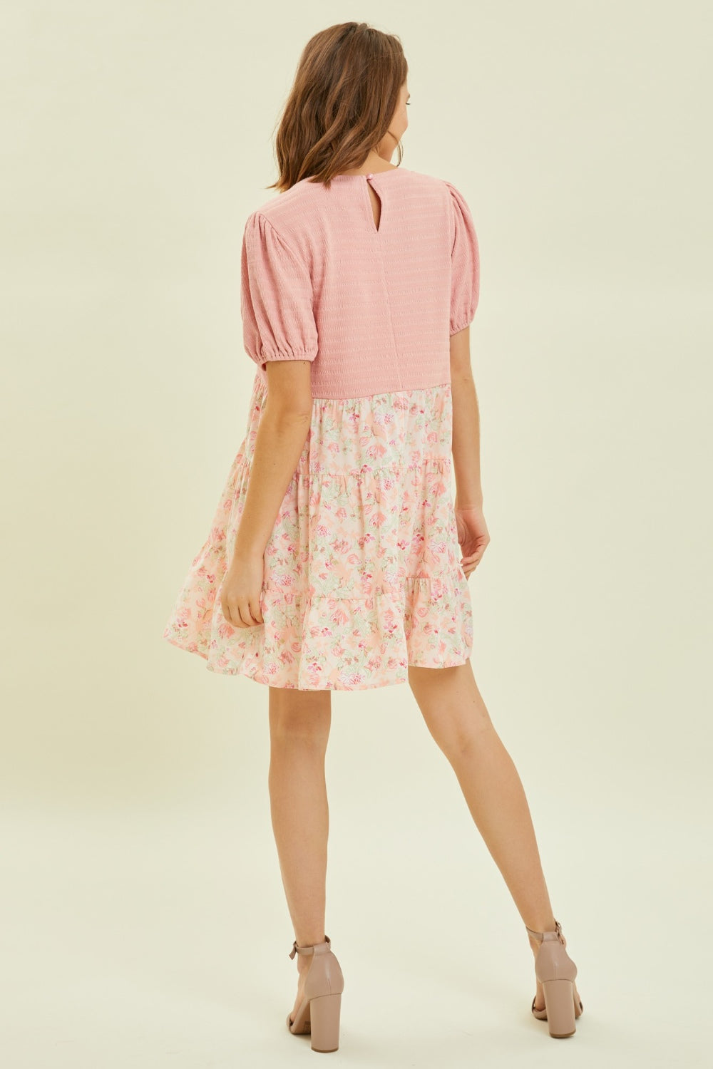HEYSON Full Size Round Neck Floral Ruffle Hem Mini Dress *