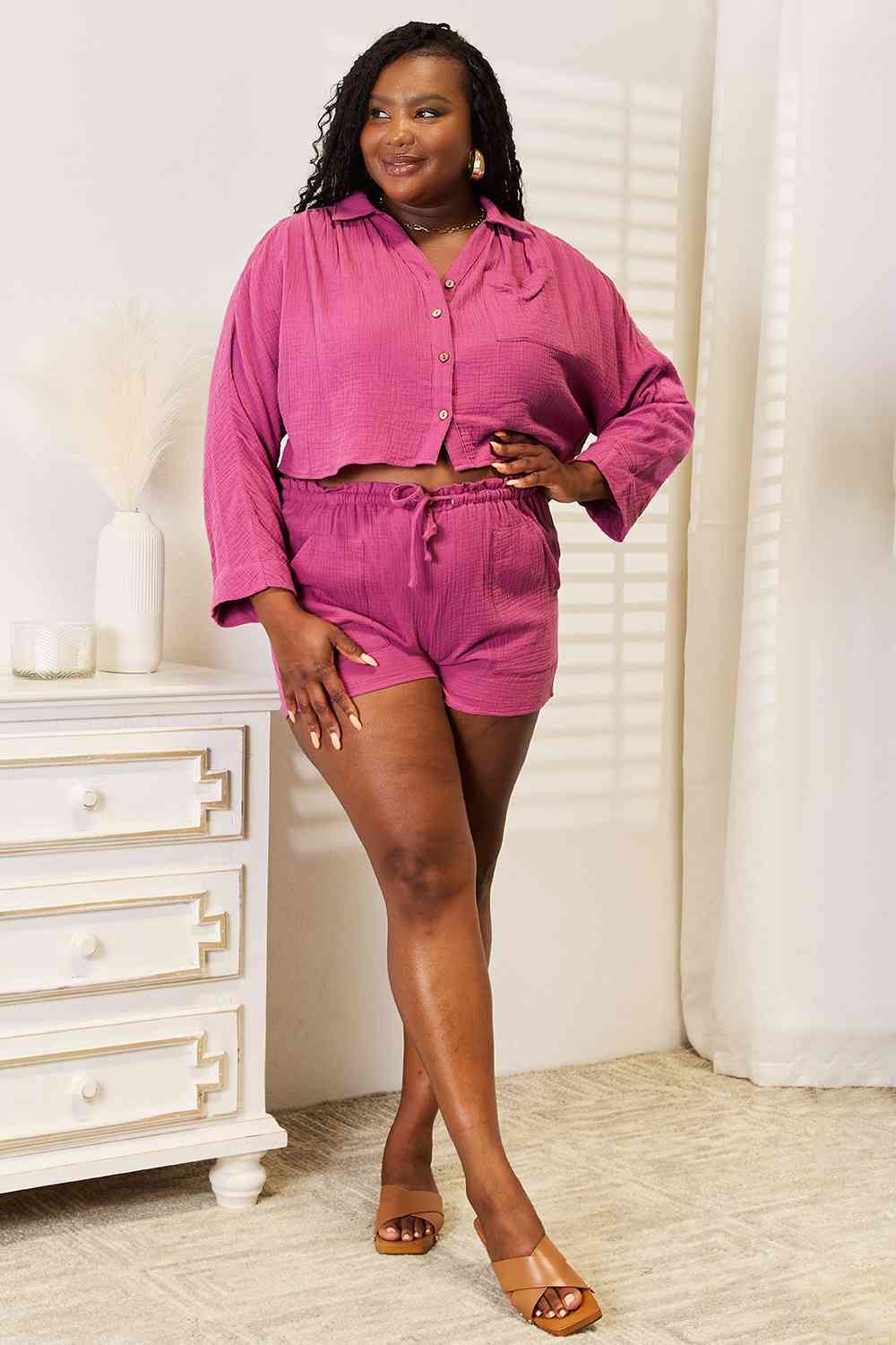 Basic Bae Buttoned Long Sleeve Top and Shorts Set *