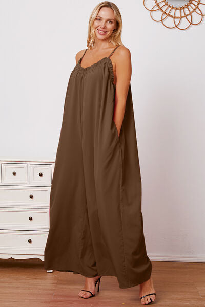 Double Take Full Size Ruffle Trim Tie Back Cami Jumpsuit with Pockets *
