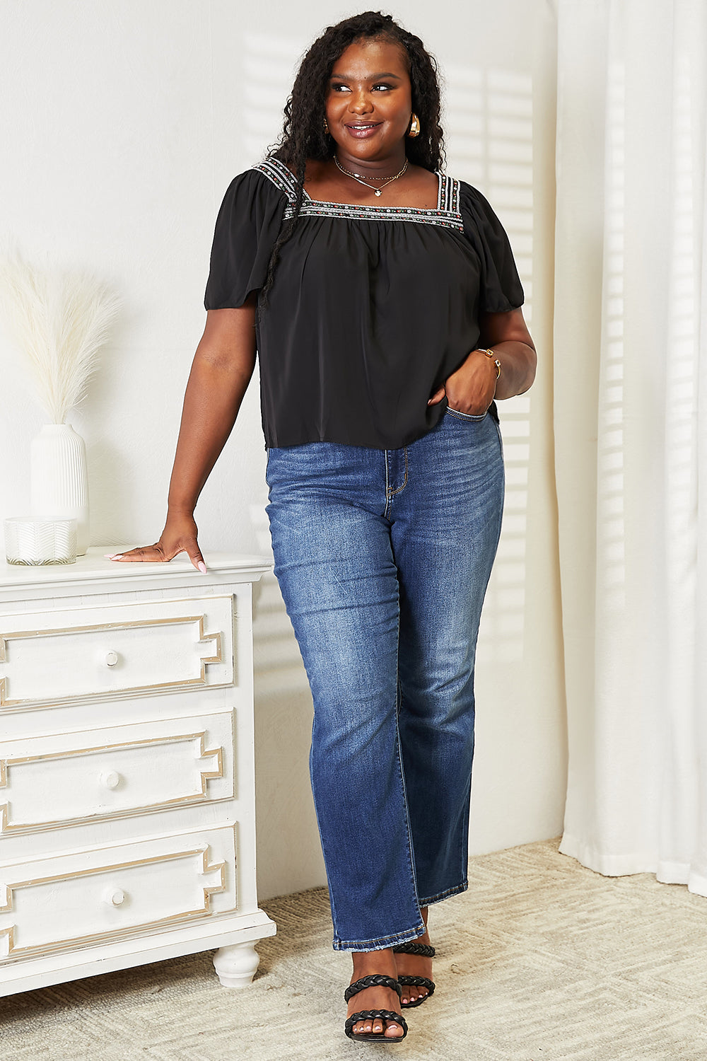 Double Take Black Contrast Square Neck Puff Sleeve Blouse *