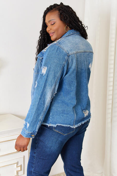 Baeful Leopard Floral Distressed Raw Hem Denim Jacket *