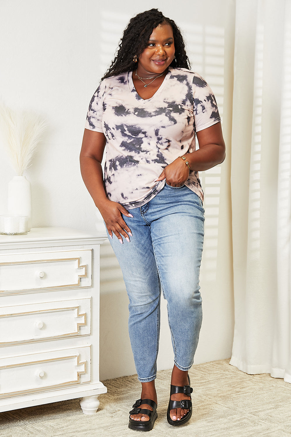 Double Take Peach Full Size Tie-Dye V-Neck T-Shirt *