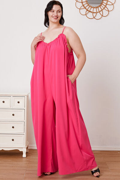 Double Take Full Size Ruffle Trim Tie Back Cami Jumpsuit with Pockets *