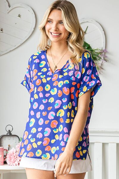 First Love Printed V-Neck Short Sleeve Blouse *