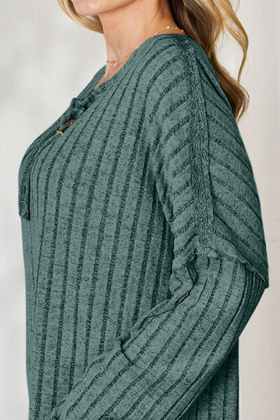 Basic Bae Full Size Ribbed Half Button Long Sleeve T-Shirt *