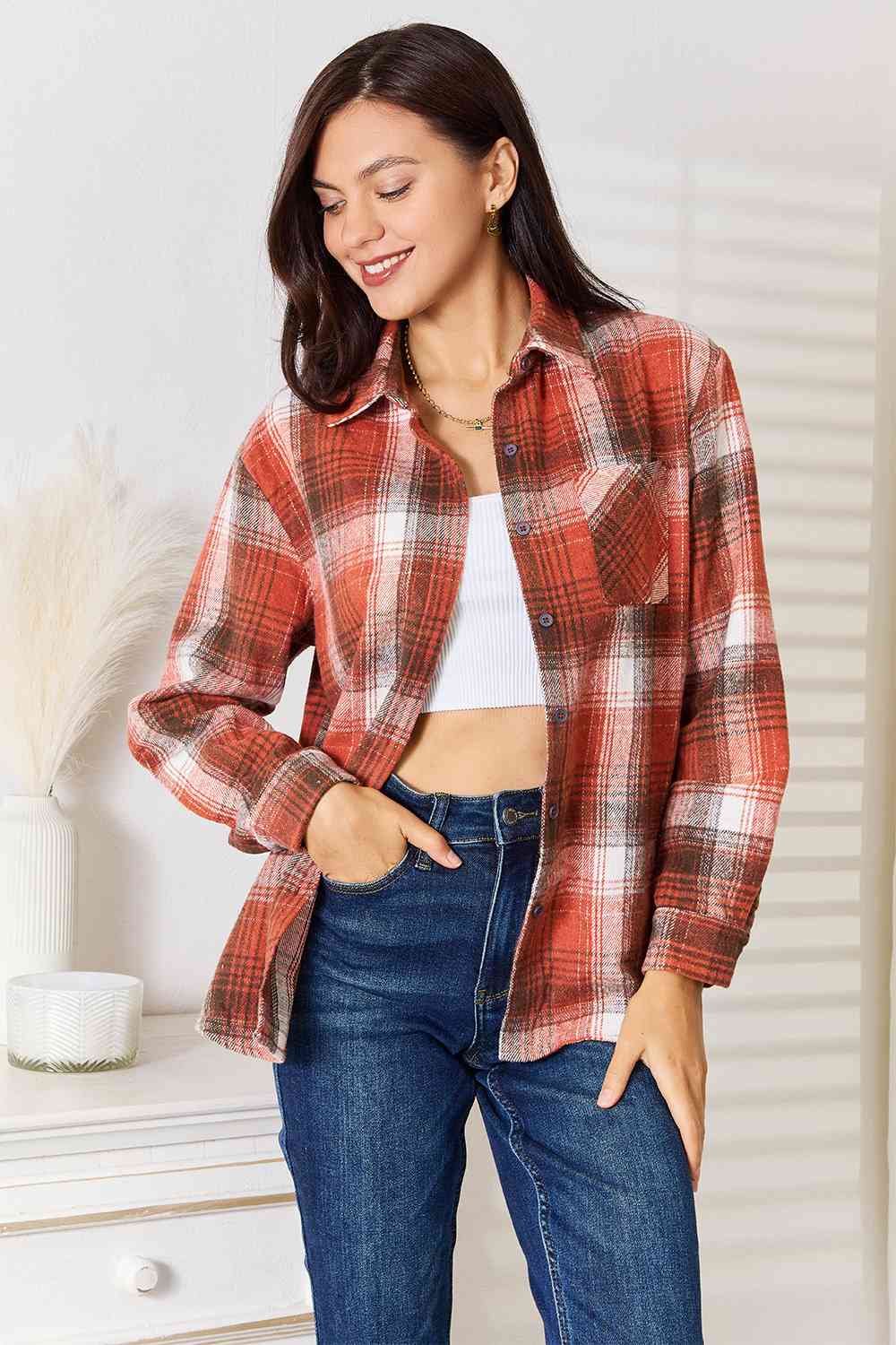Double Take Plaid Collared Neck Long Sleeve Shirt *