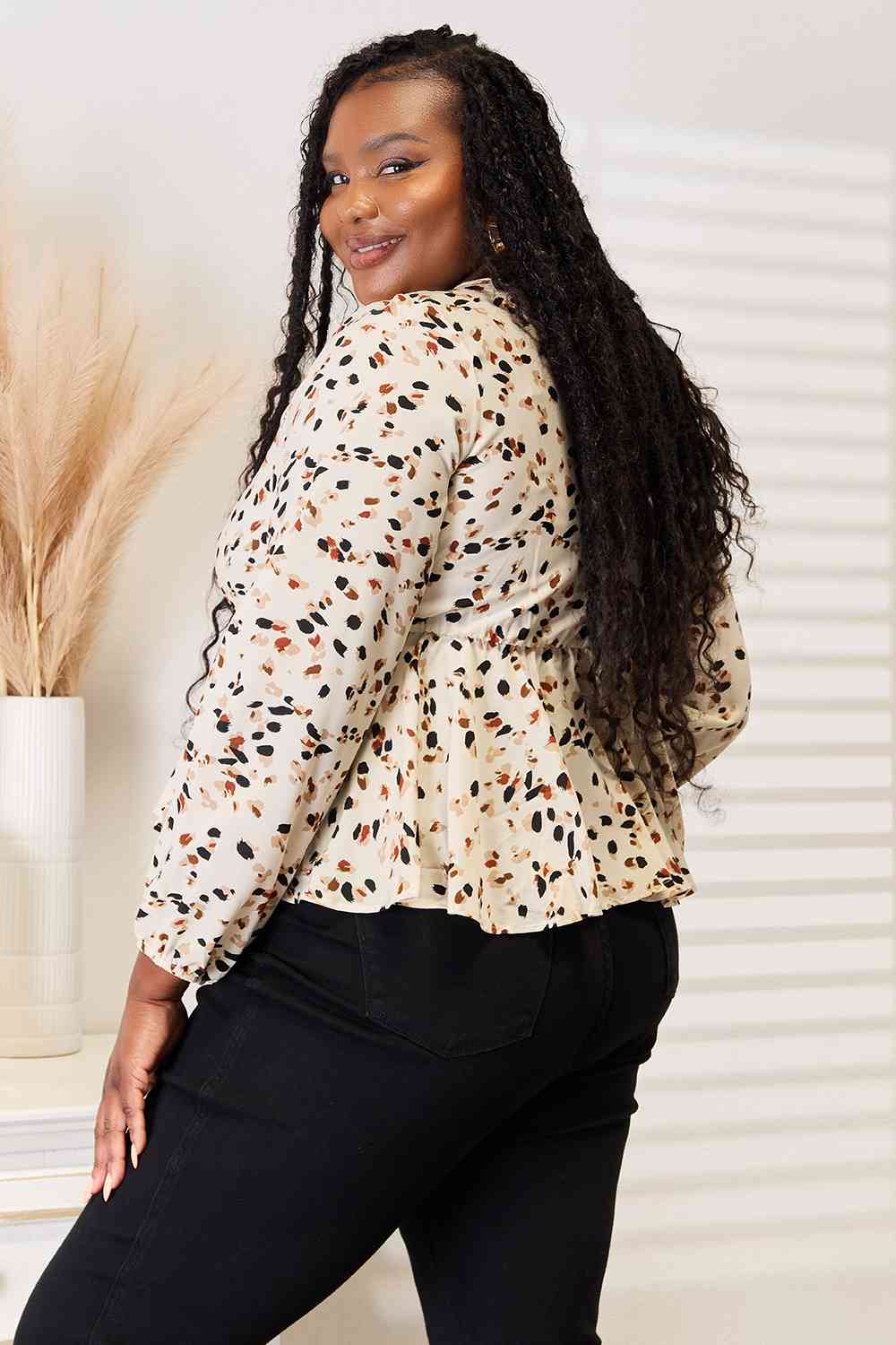 Double Take Printed Tied Plunge Peplum Blouse *
