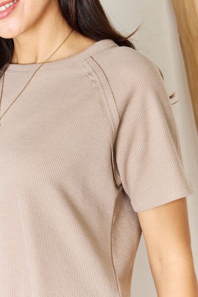 Zenana Baby Waffle Light Mocha Short Sleeve Slit High-Low T-Shirt - Brand Zenana *