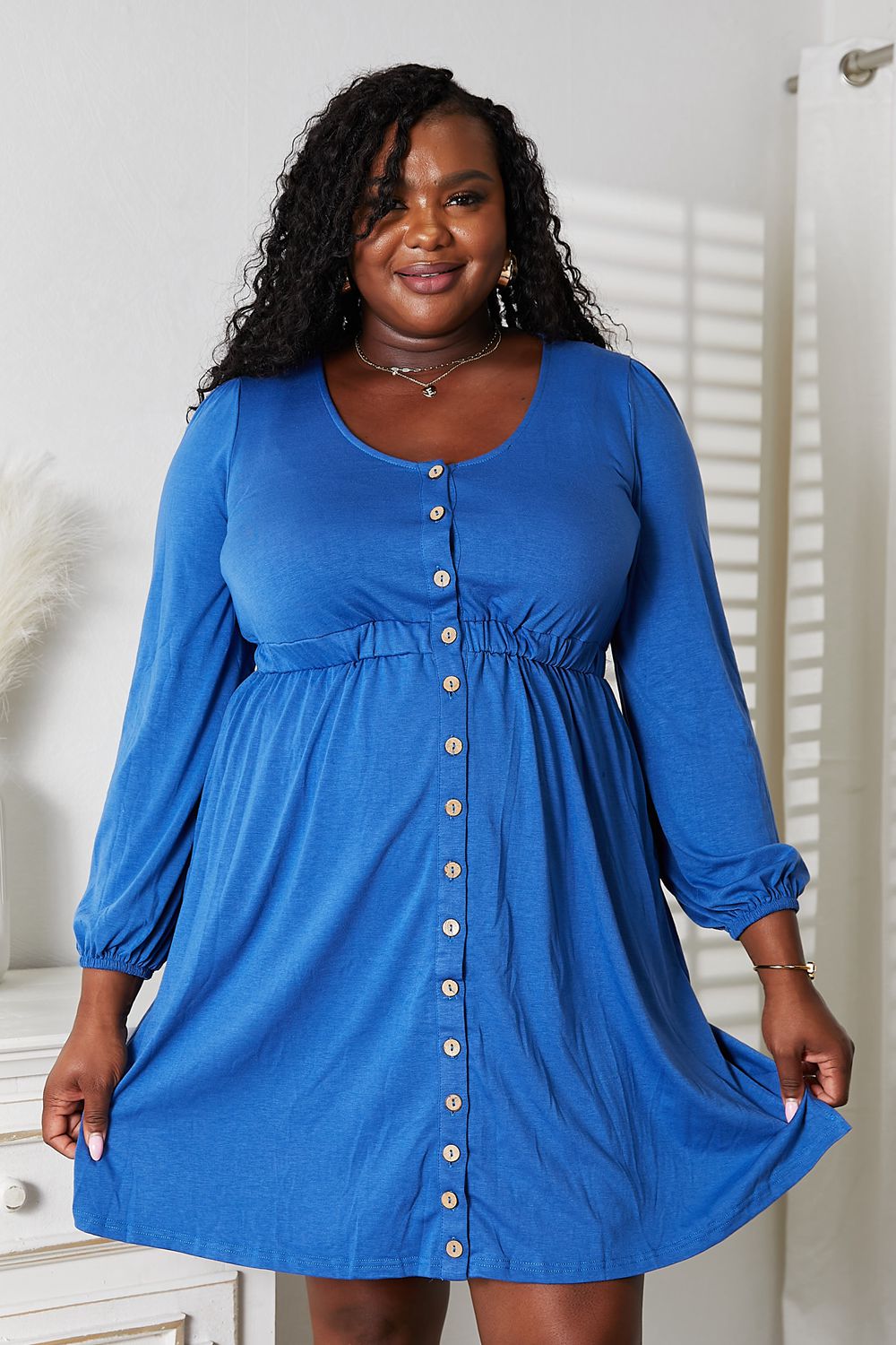Double Take Full Size Scoop Neck Empire Waist Long Sleeve Magic Dress *